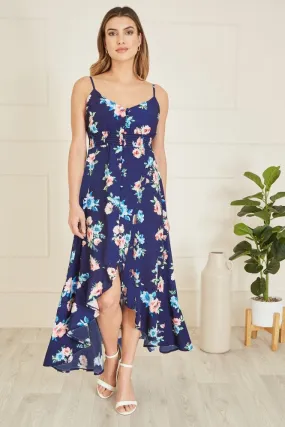 Mela Navy Floral High Low Frill Midi Dress