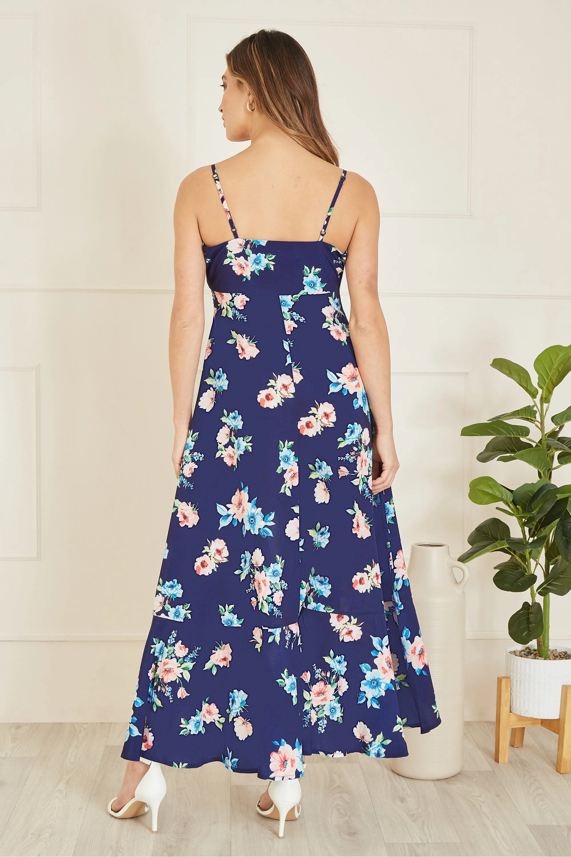 Mela Navy Floral High Low Frill Midi Dress