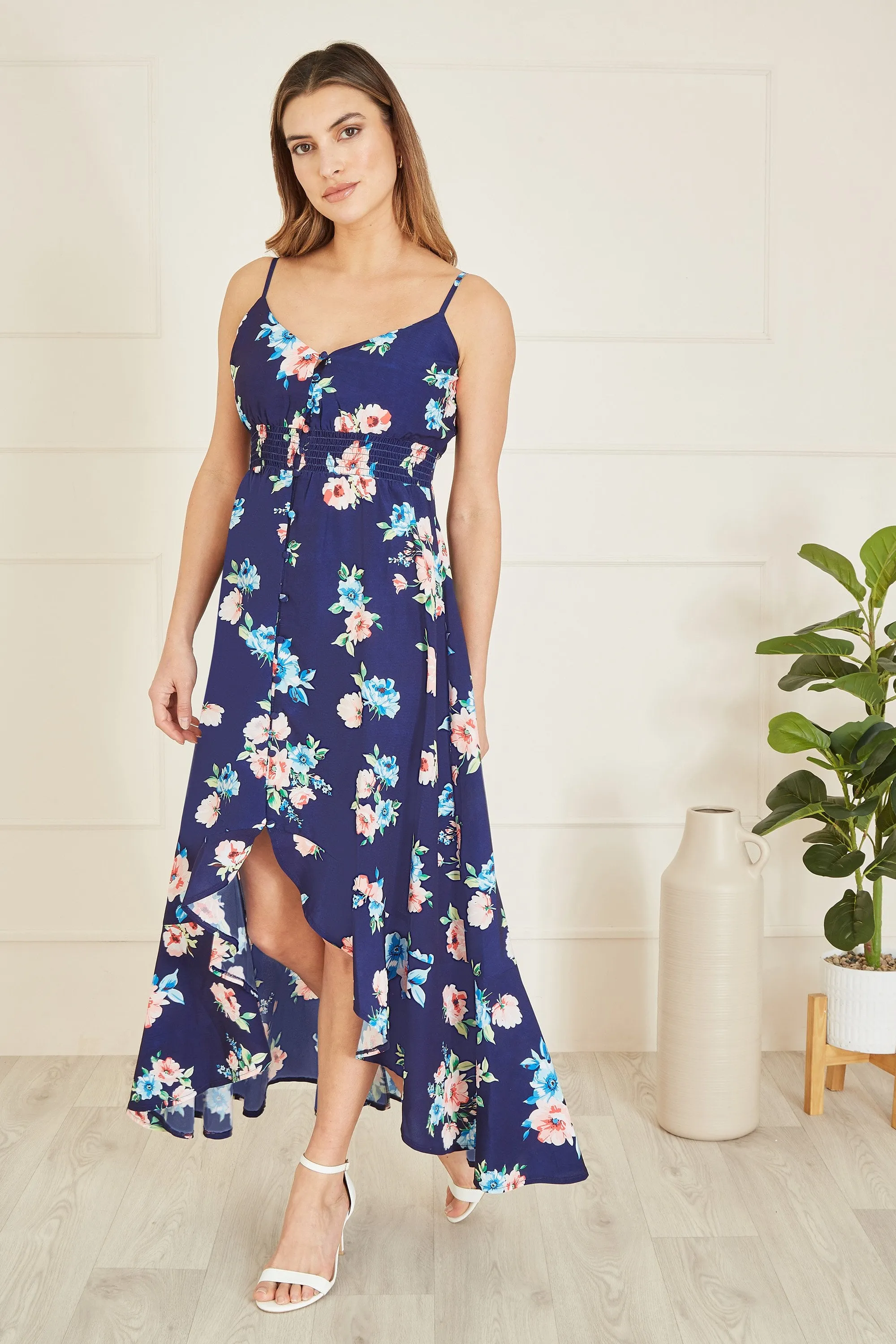 Mela Navy Floral High Low Frill Midi Dress