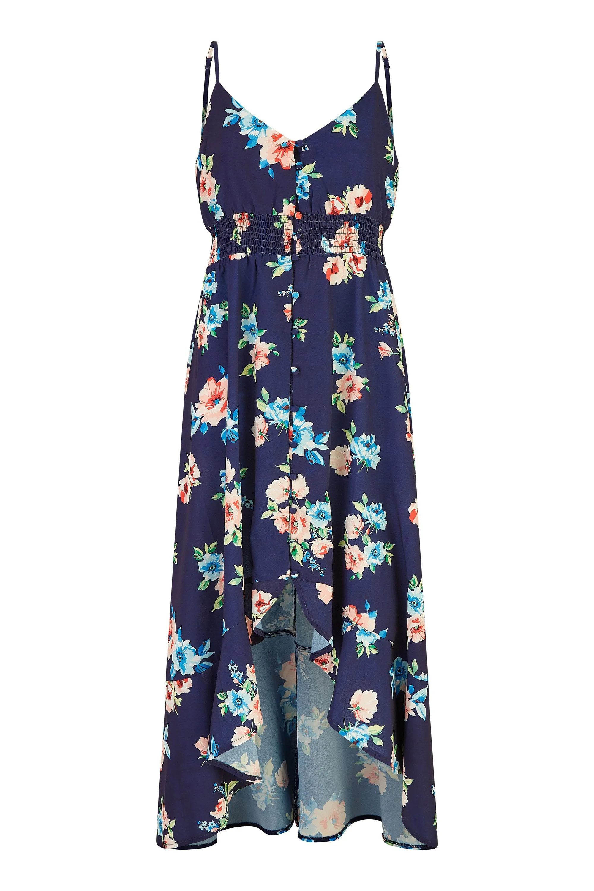 Mela Navy Floral High Low Frill Midi Dress