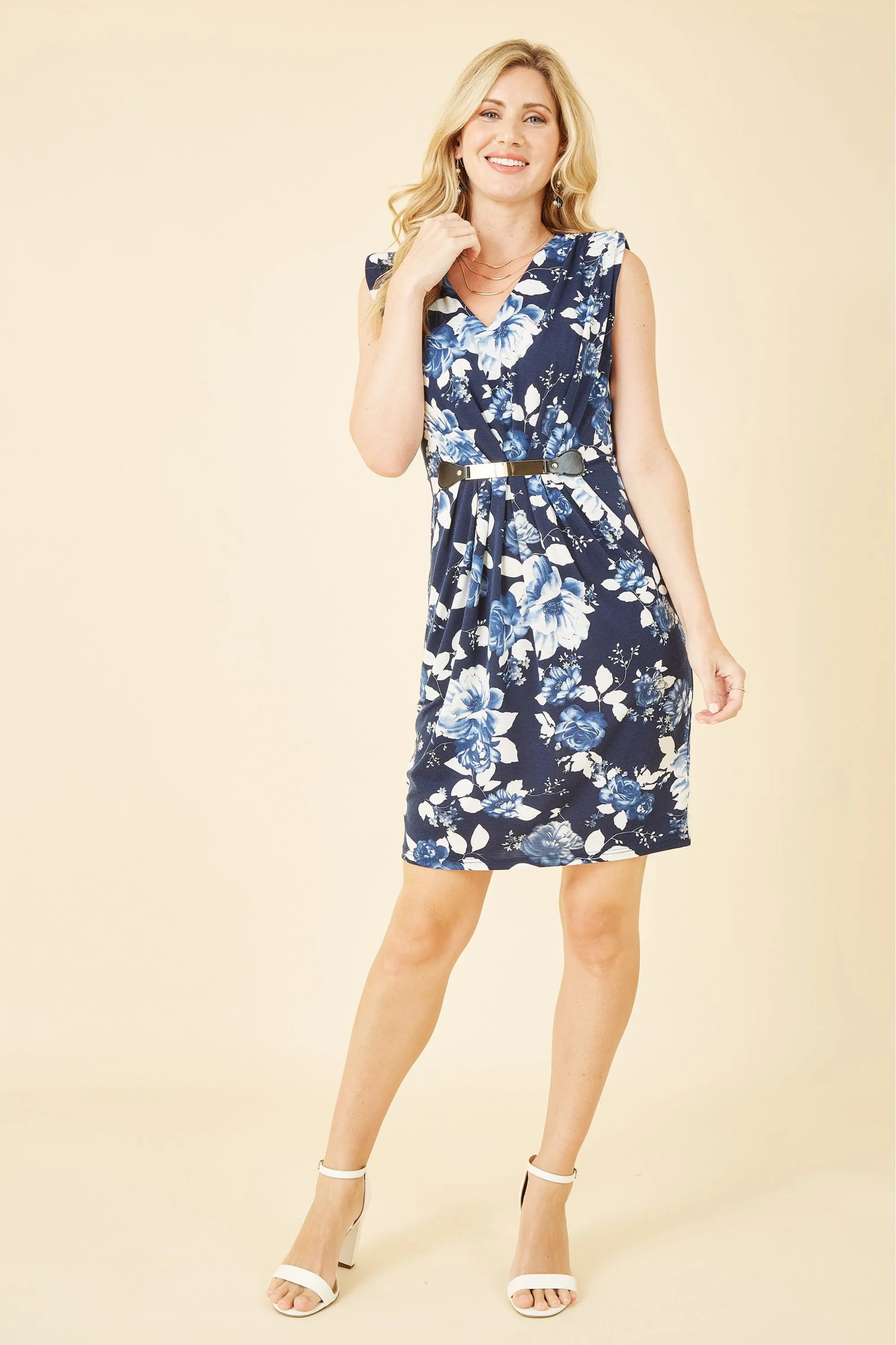 Mela Navy Floral Jersey Pocket Dress With Gold Bar Detail