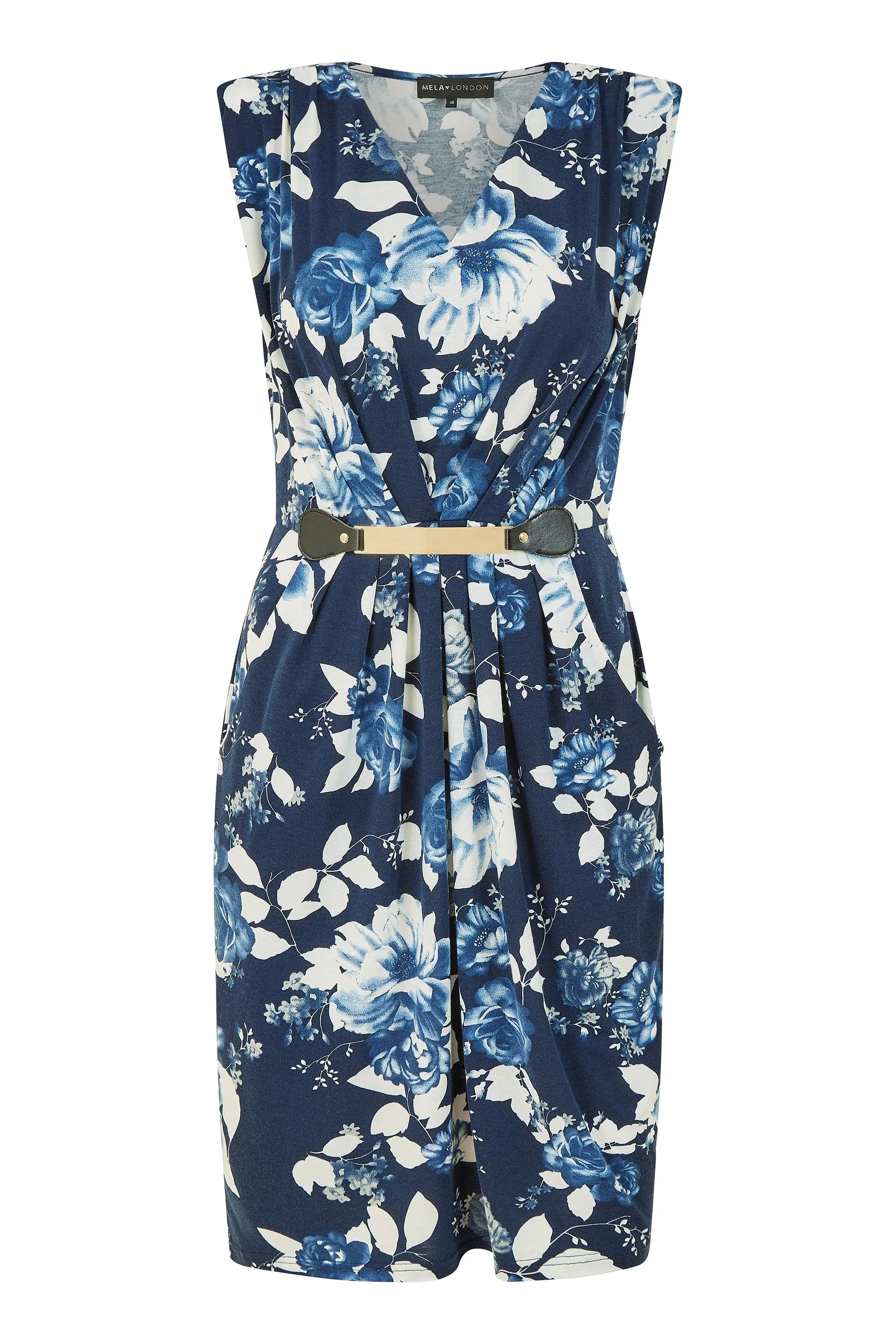 Mela Navy Floral Jersey Pocket Dress With Gold Bar Detail