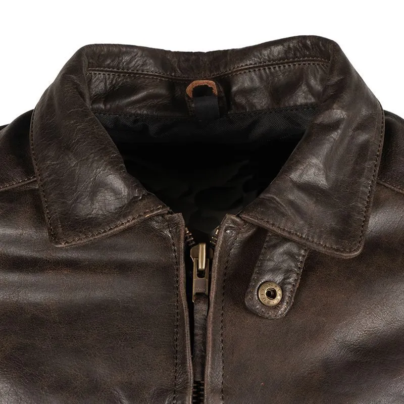 Men's Brown biker Leather jacket with Shirt Collar