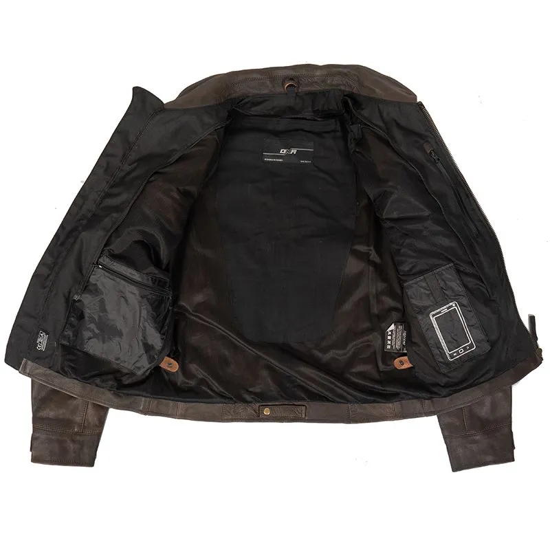 Men's Brown biker Leather jacket with Shirt Collar