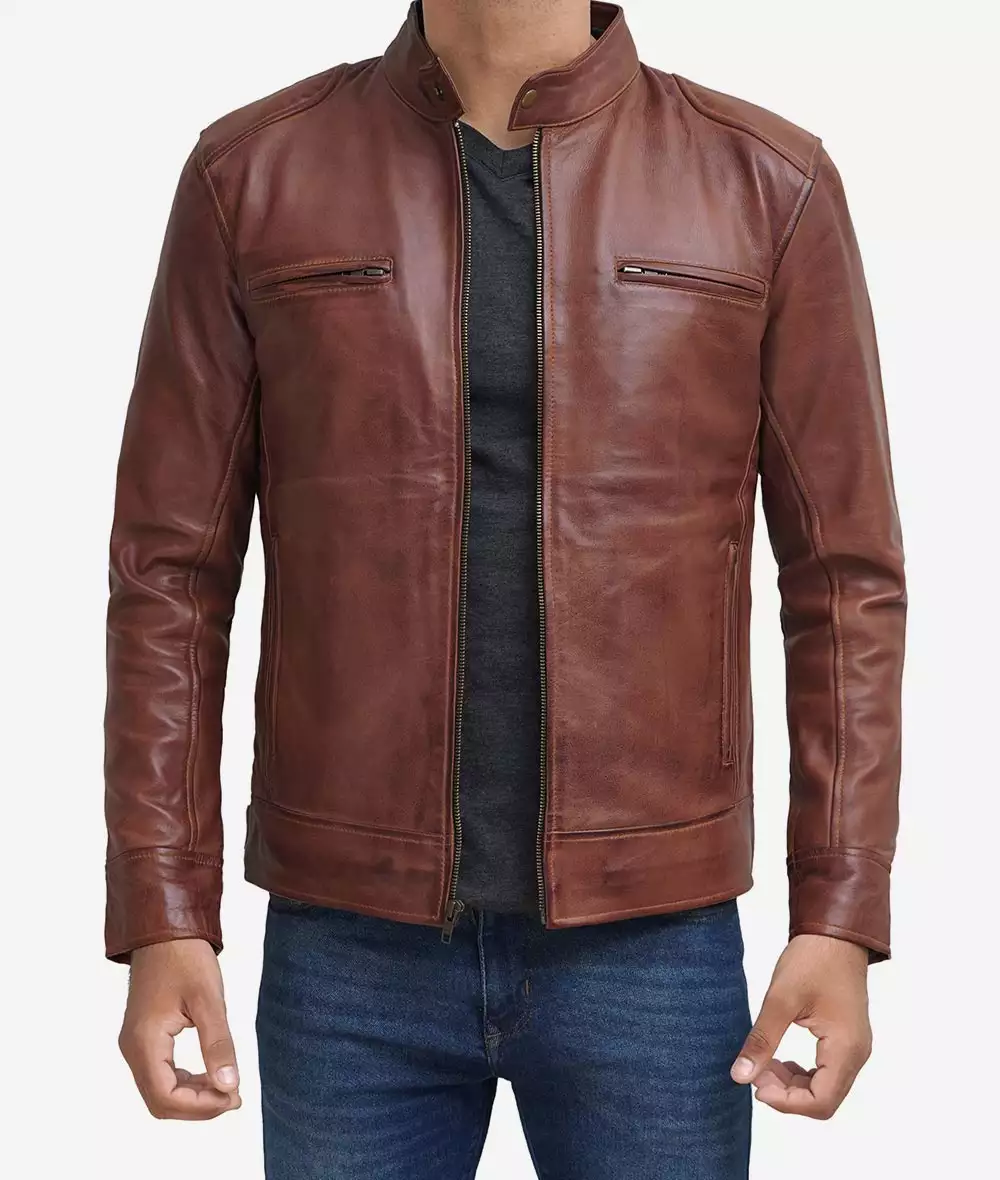 Mens Tall Cognac Leather Cafe Racer Jacket