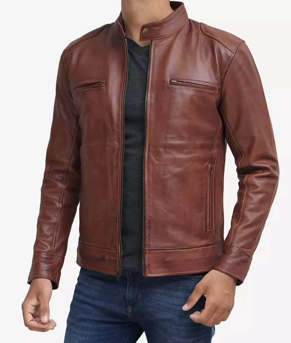 Mens Tall Cognac Leather Cafe Racer Jacket