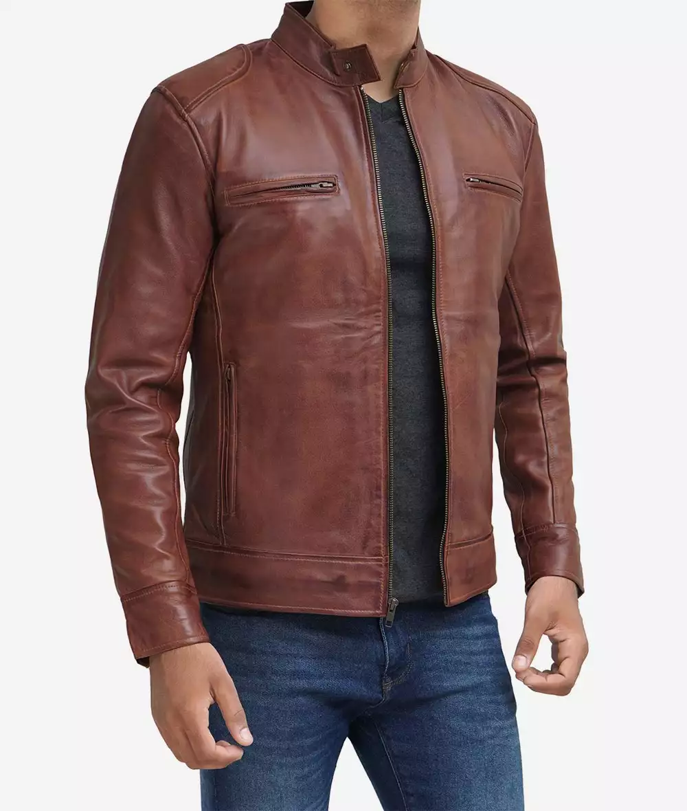 Mens Tall Cognac Leather Cafe Racer Jacket