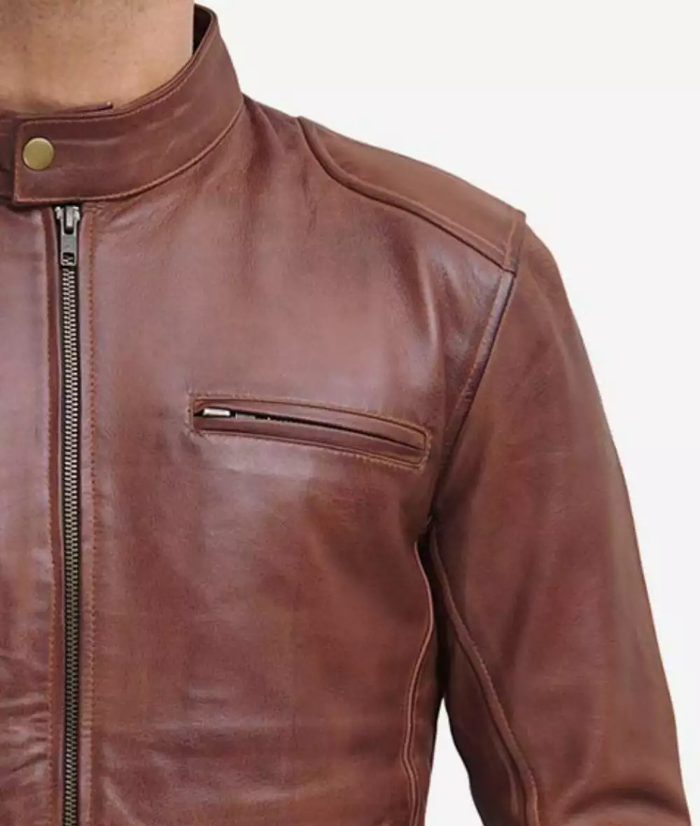 Mens Tall Cognac Leather Cafe Racer Jacket