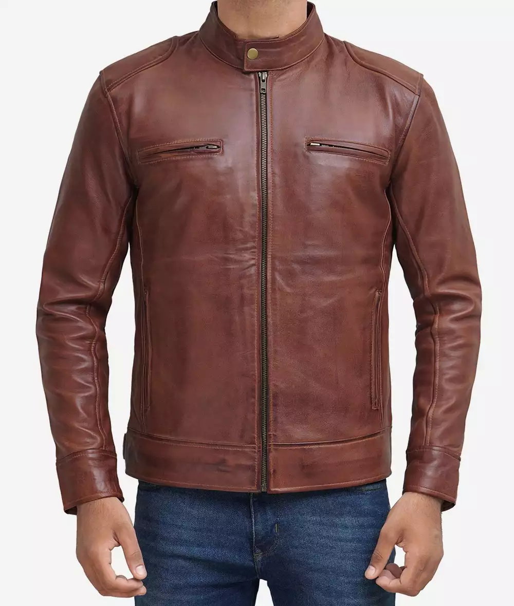 Mens Tall Cognac Leather Cafe Racer Jacket