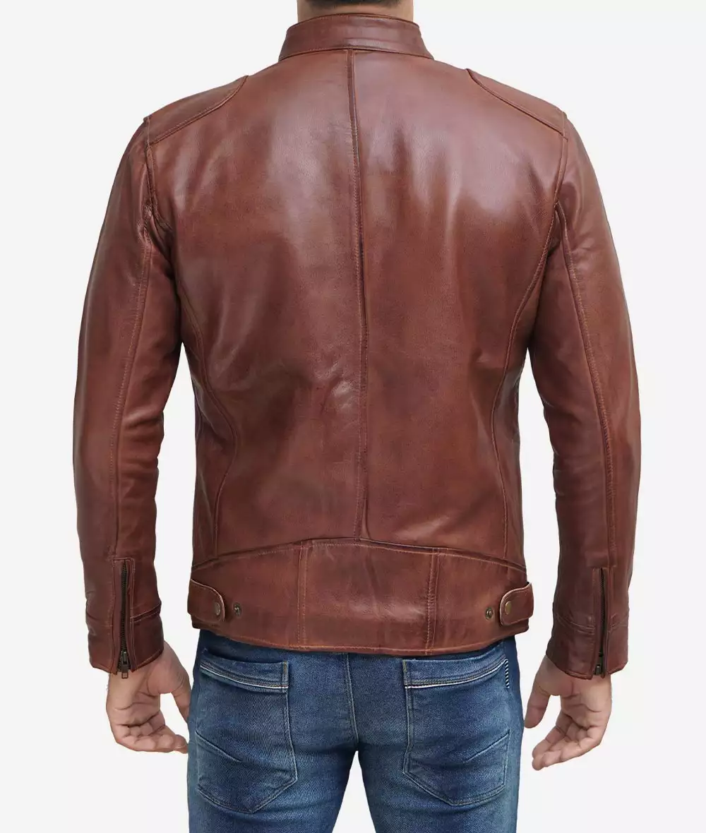 Mens Tall Cognac Leather Cafe Racer Jacket