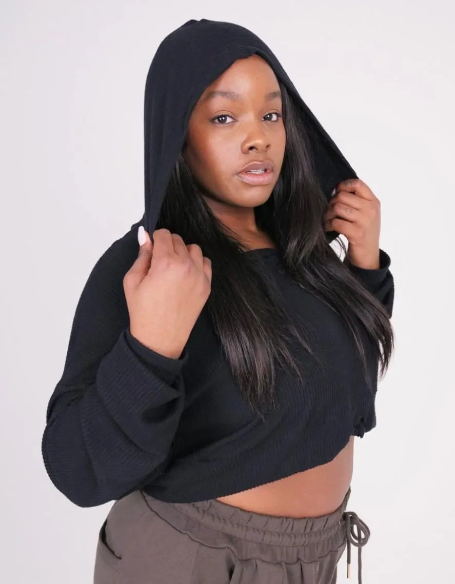 Mila Black Ribbed Cropped Hoody - Janes Stall