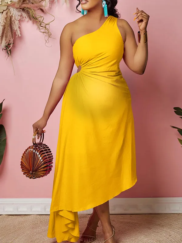 Momnfancy Oblique Shoulder Irregular Belly Friendly Plus Size Cut Out Babyshower Maternity Maxi Dress