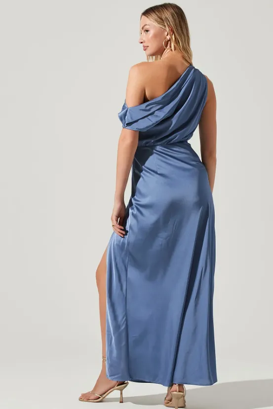 Monroe Satin Off Shoulder Maxi Dress - Slate Blue