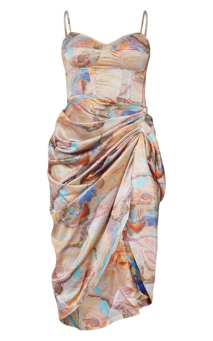 Multi Marble Satin Ruched Skirt Corset Midi Dress