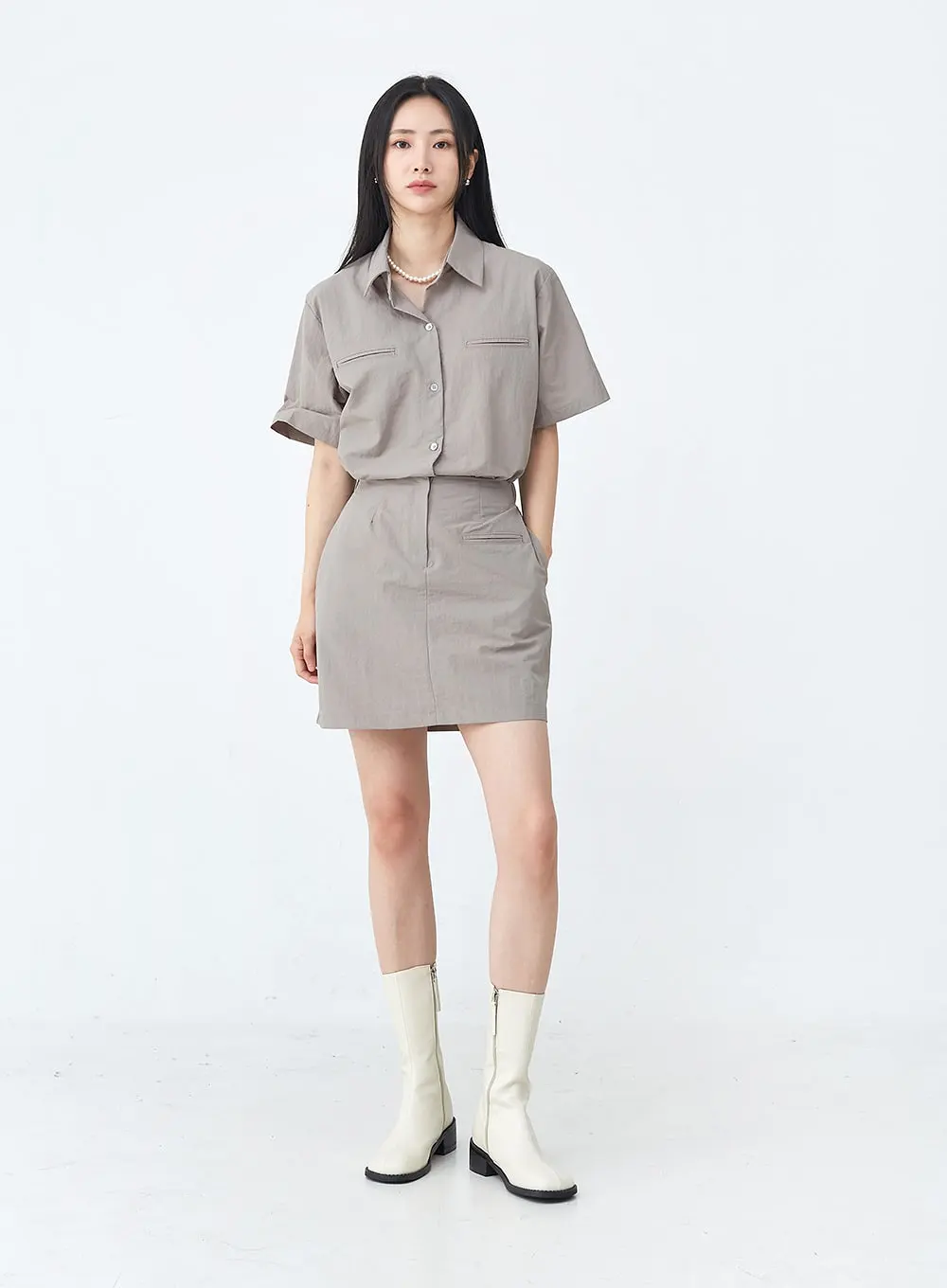 Nylon Set-up Skirt with Fake Pocket UU1407