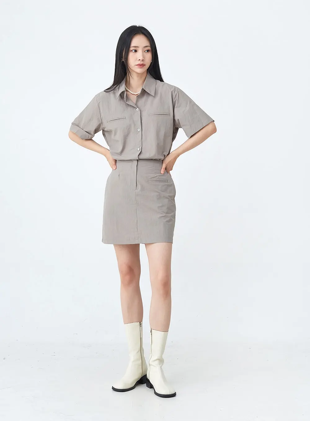 Nylon Set-up Skirt with Fake Pocket UU1407