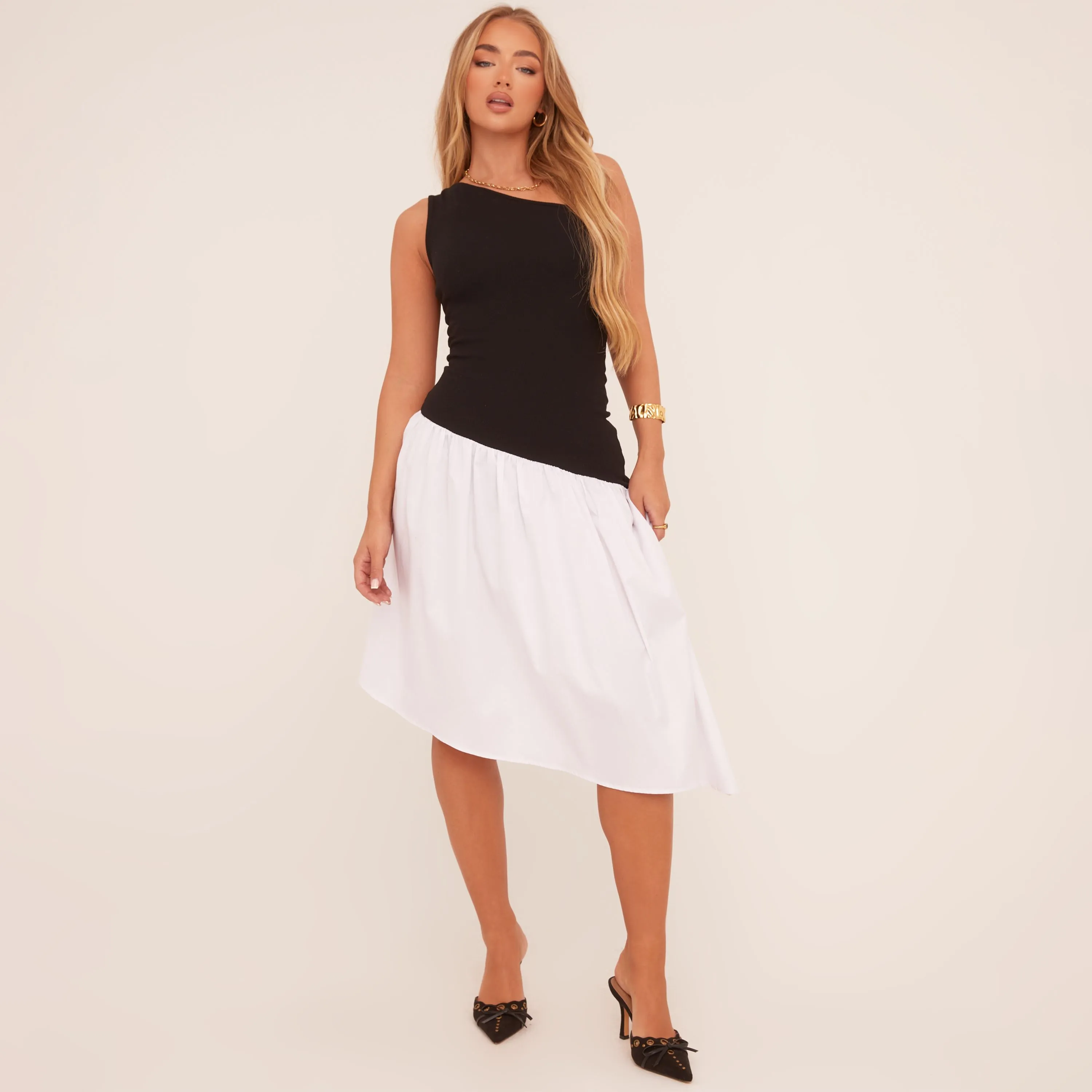 One Shoulder Contrast Hem Dropped Waist Midi Dress In Black Woven