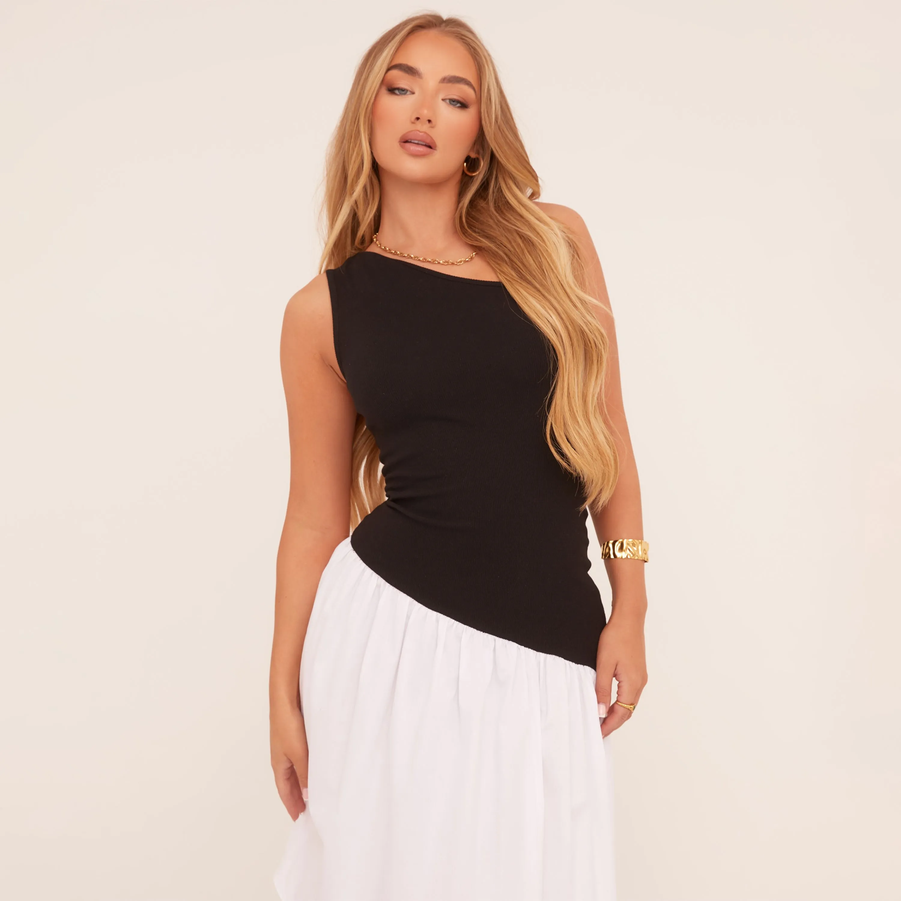 One Shoulder Contrast Hem Dropped Waist Midi Dress In Black Woven