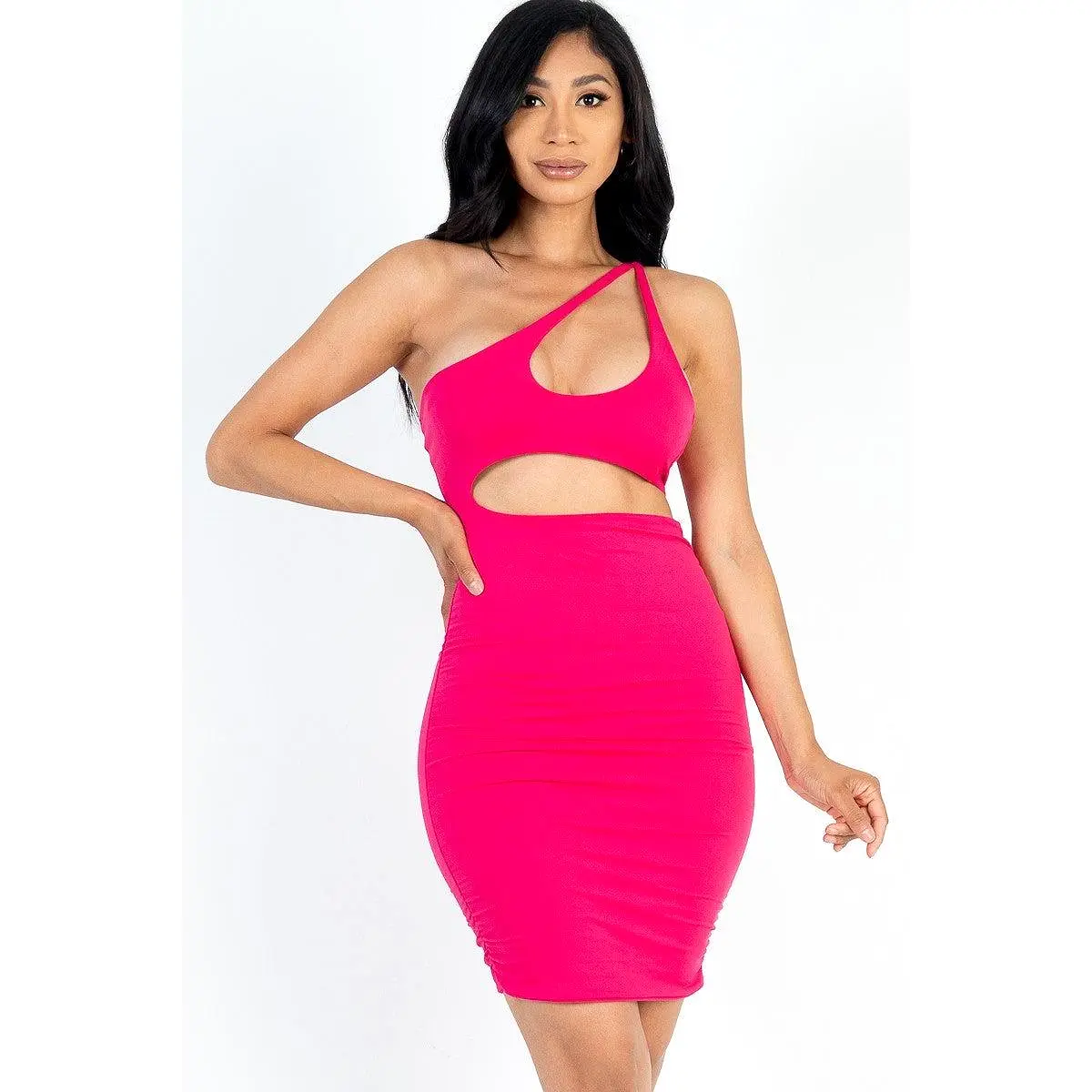 One Shoulder Cut-out Front Ruched Bodycon Mini Dress