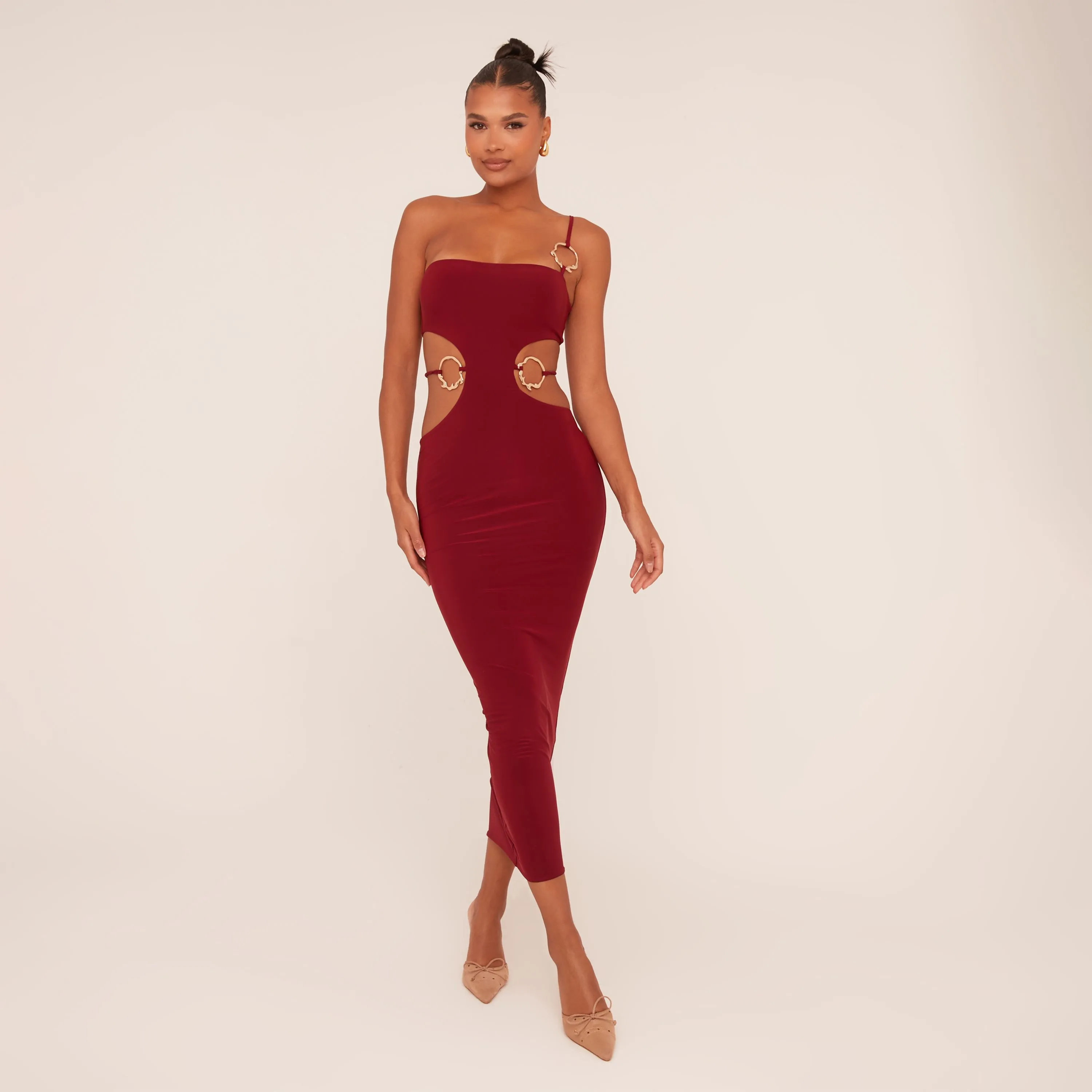 One Shoulder Cut Out Ring Detail Maxi Dress In Wine Slinky