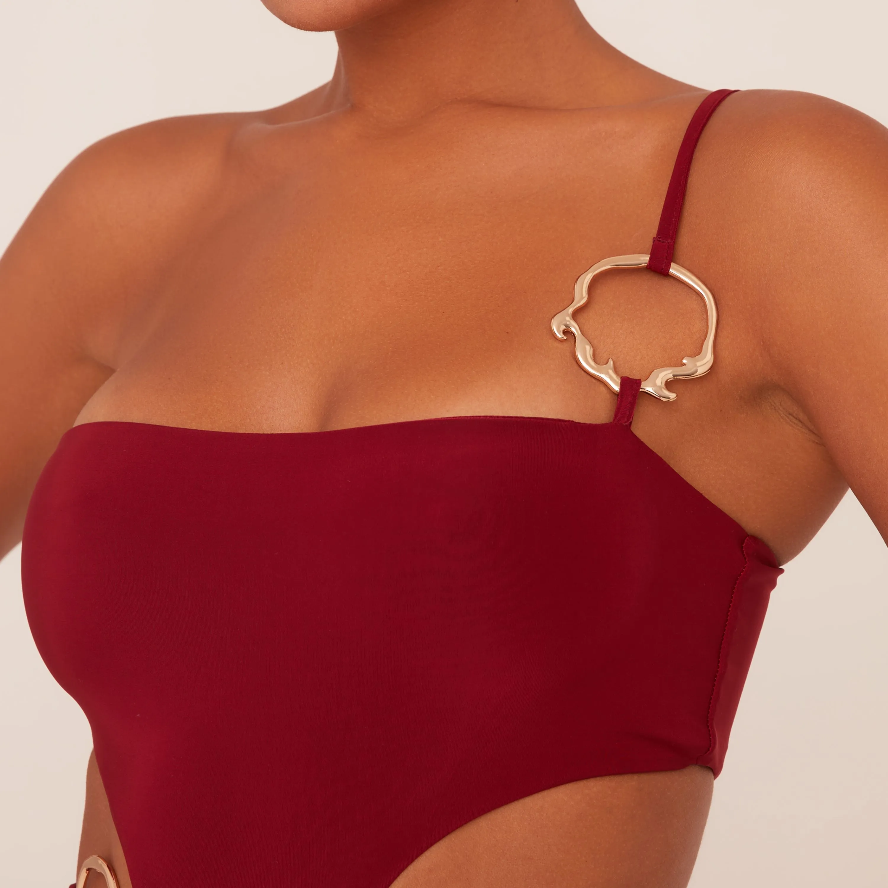 One Shoulder Cut Out Ring Detail Maxi Dress In Wine Slinky