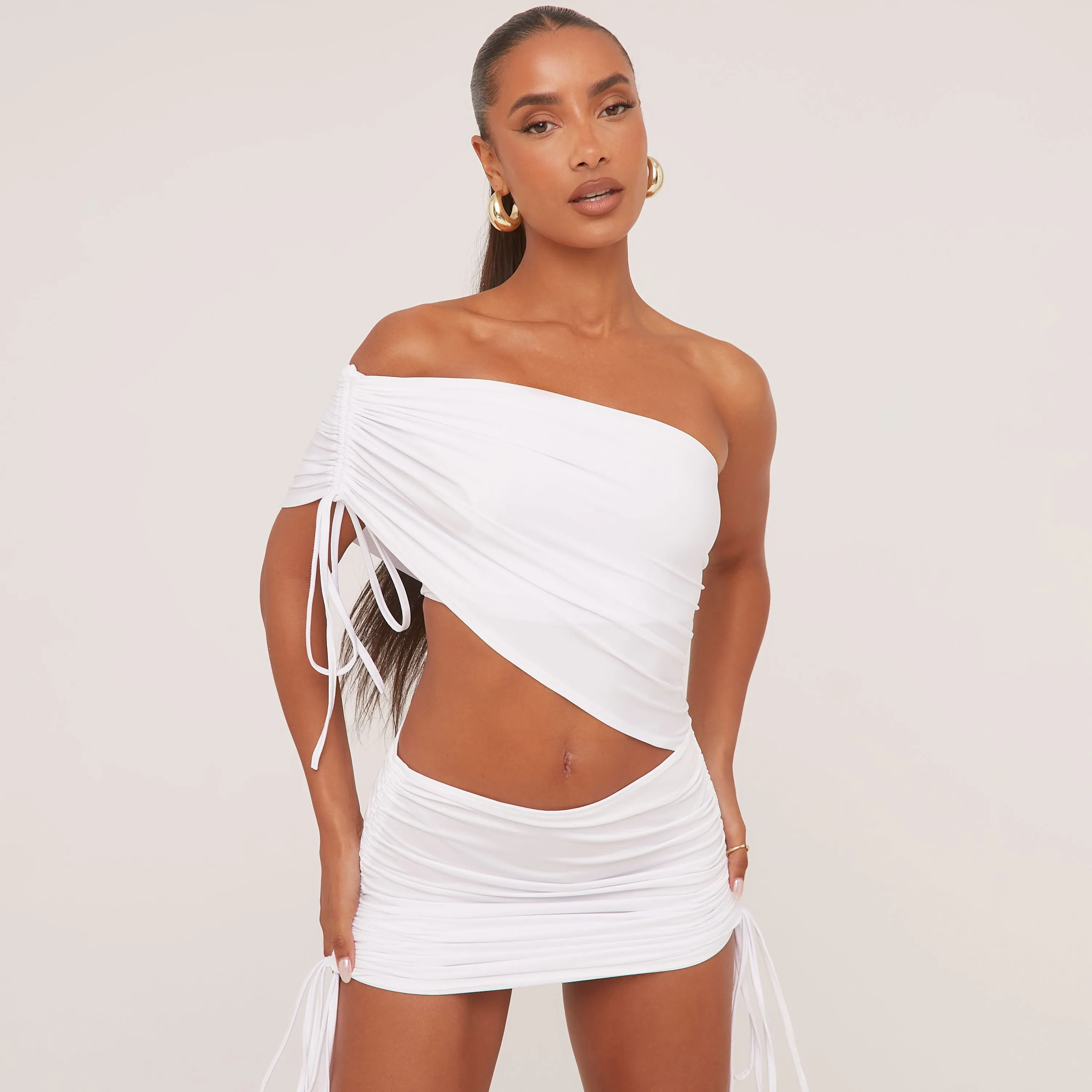 One Shoulder Cut Out Ruched Asymmetric Mini Dress In White