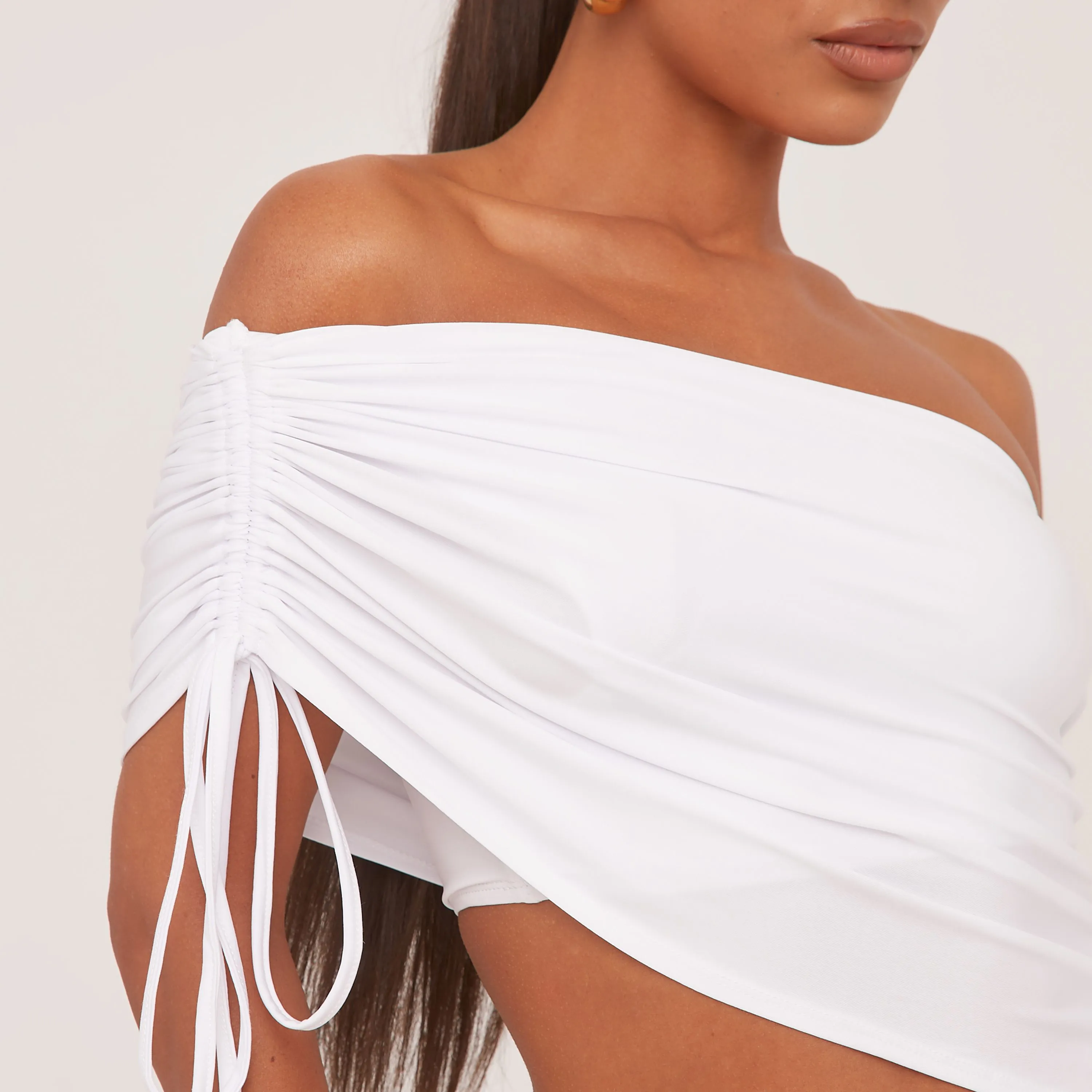 One Shoulder Cut Out Ruched Asymmetric Mini Dress In White