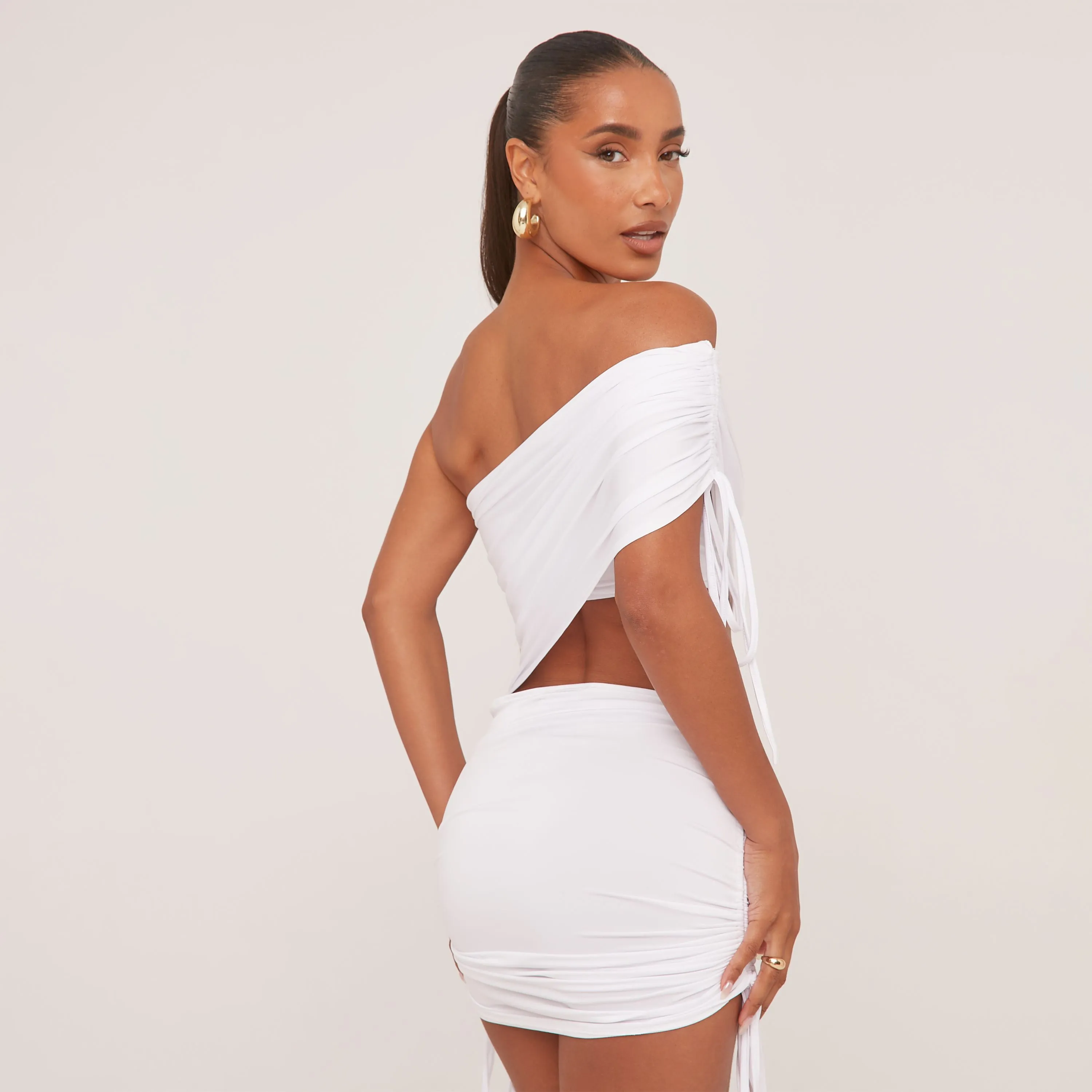 One Shoulder Cut Out Ruched Asymmetric Mini Dress In White