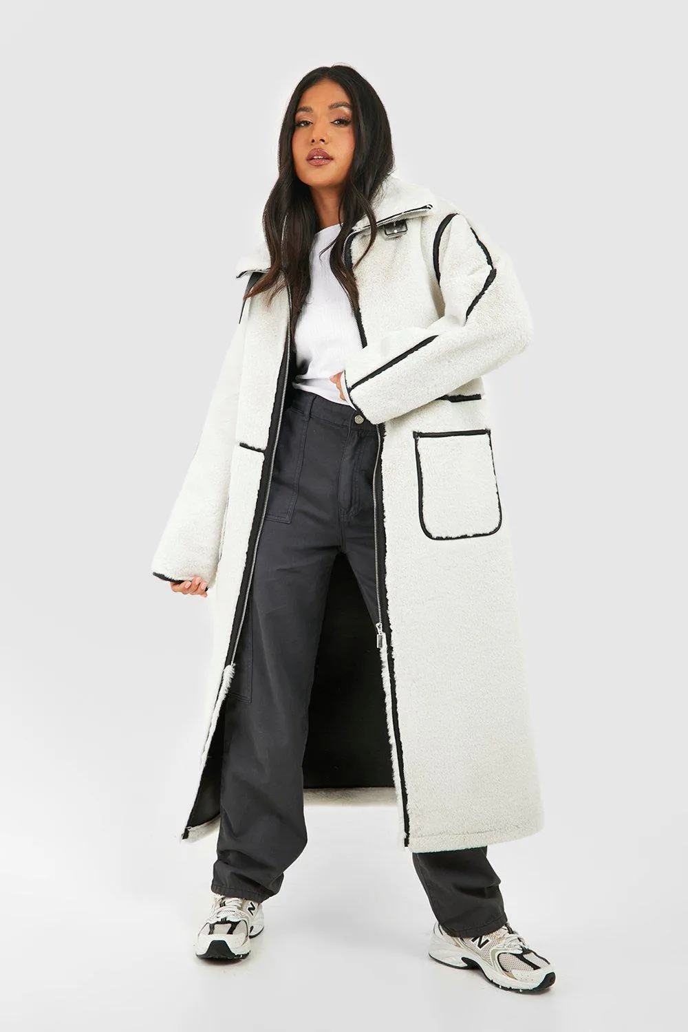 Petite Fur Seam Detail Longline Aviator Coat