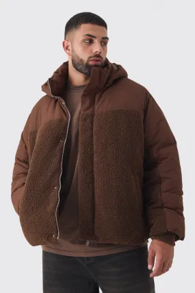 Plus Borg And Nylon Padded Coat In Chocolate