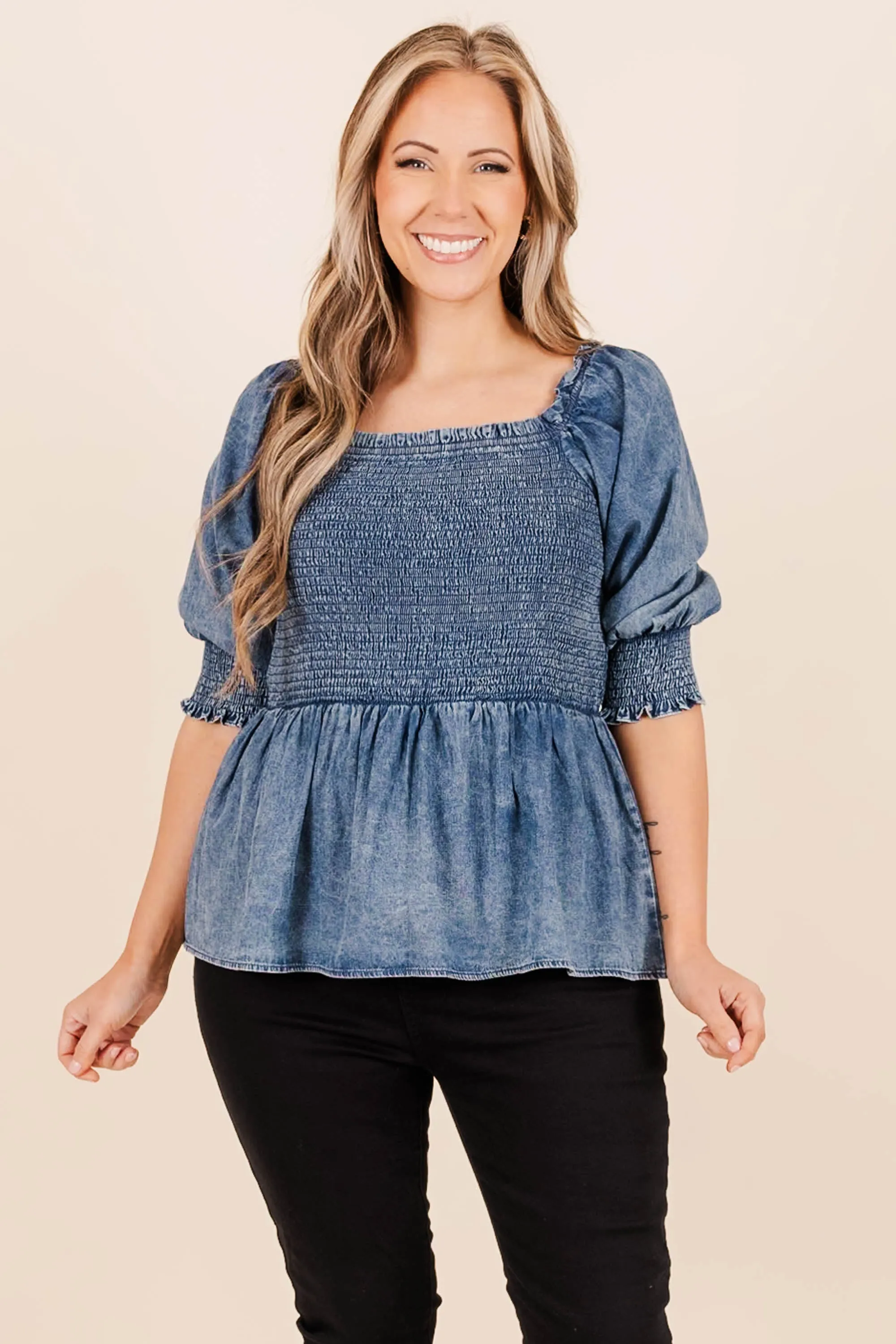 Puff Sleeved Baby Top, Denim