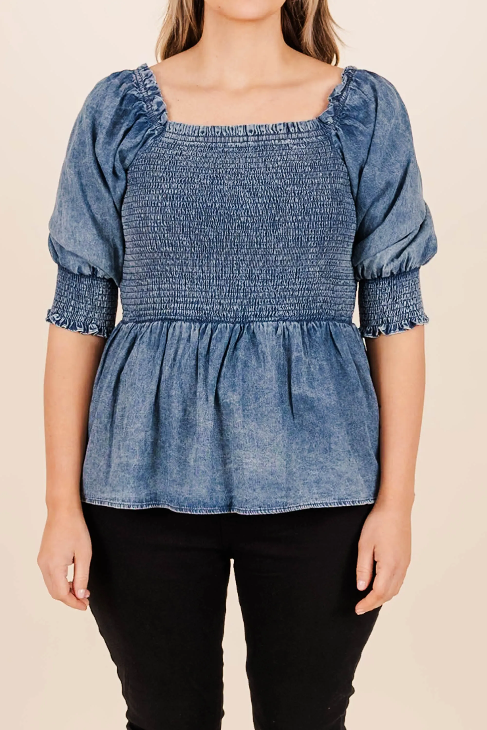 Puff Sleeved Baby Top, Denim