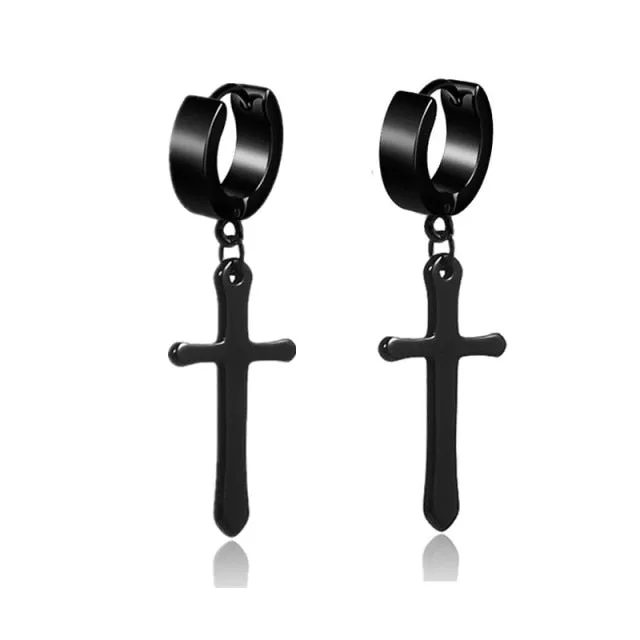 Punk Black Cross Stainless Steel Hoop Earrings