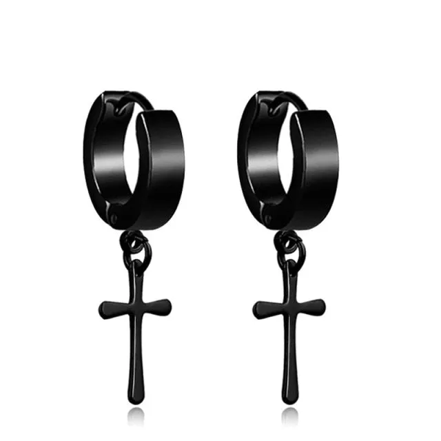 Punk Black Cross Stainless Steel Hoop Earrings