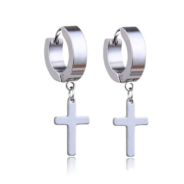 Punk Black Cross Stainless Steel Hoop Earrings