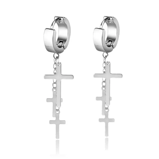 Punk Black Cross Stainless Steel Hoop Earrings