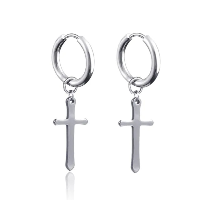 Punk Black Cross Stainless Steel Hoop Earrings