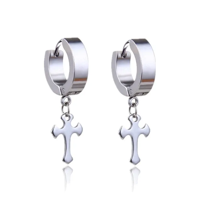 Punk Black Cross Stainless Steel Hoop Earrings