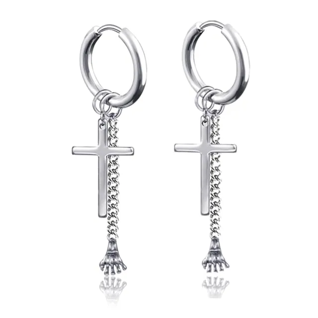 Punk Black Cross Stainless Steel Hoop Earrings