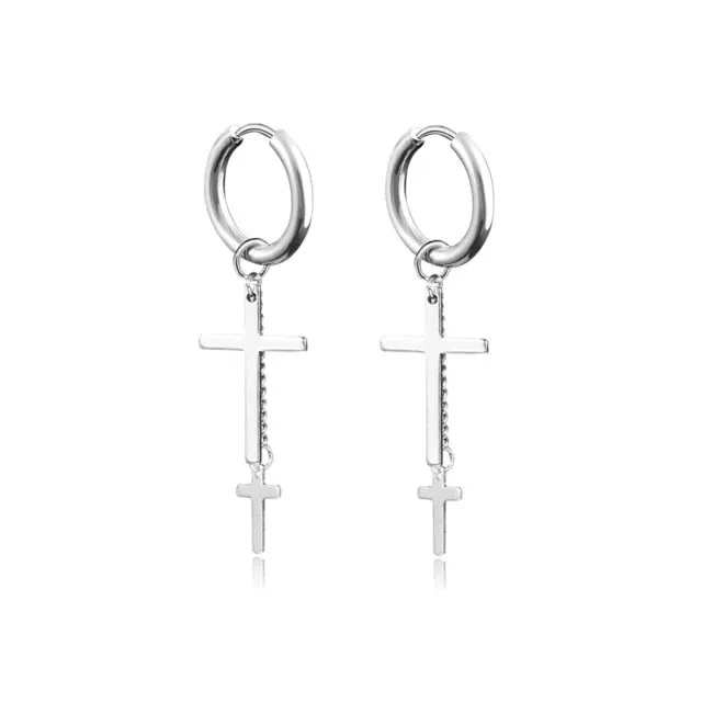 Punk Black Cross Stainless Steel Hoop Earrings