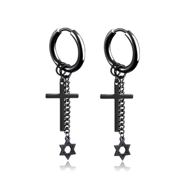 Punk Black Cross Stainless Steel Hoop Earrings