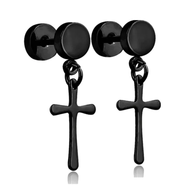 Punk Black Cross Stainless Steel Hoop Earrings