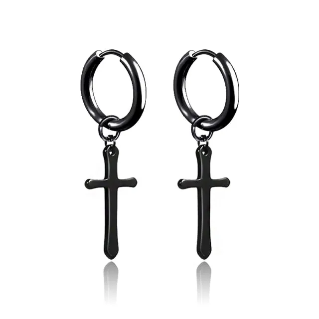 Punk Black Cross Stainless Steel Hoop Earrings