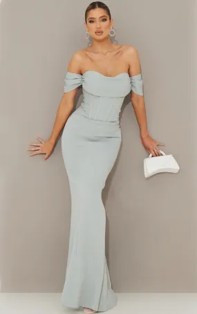 Sage Green Corset Detail Bardot Bridesmaid Dress