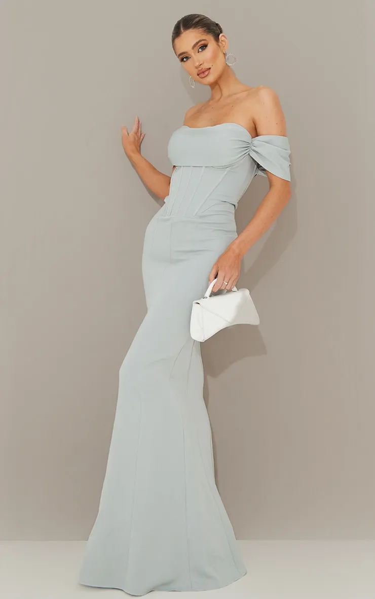 Sage Green Corset Detail Bardot Bridesmaid Dress