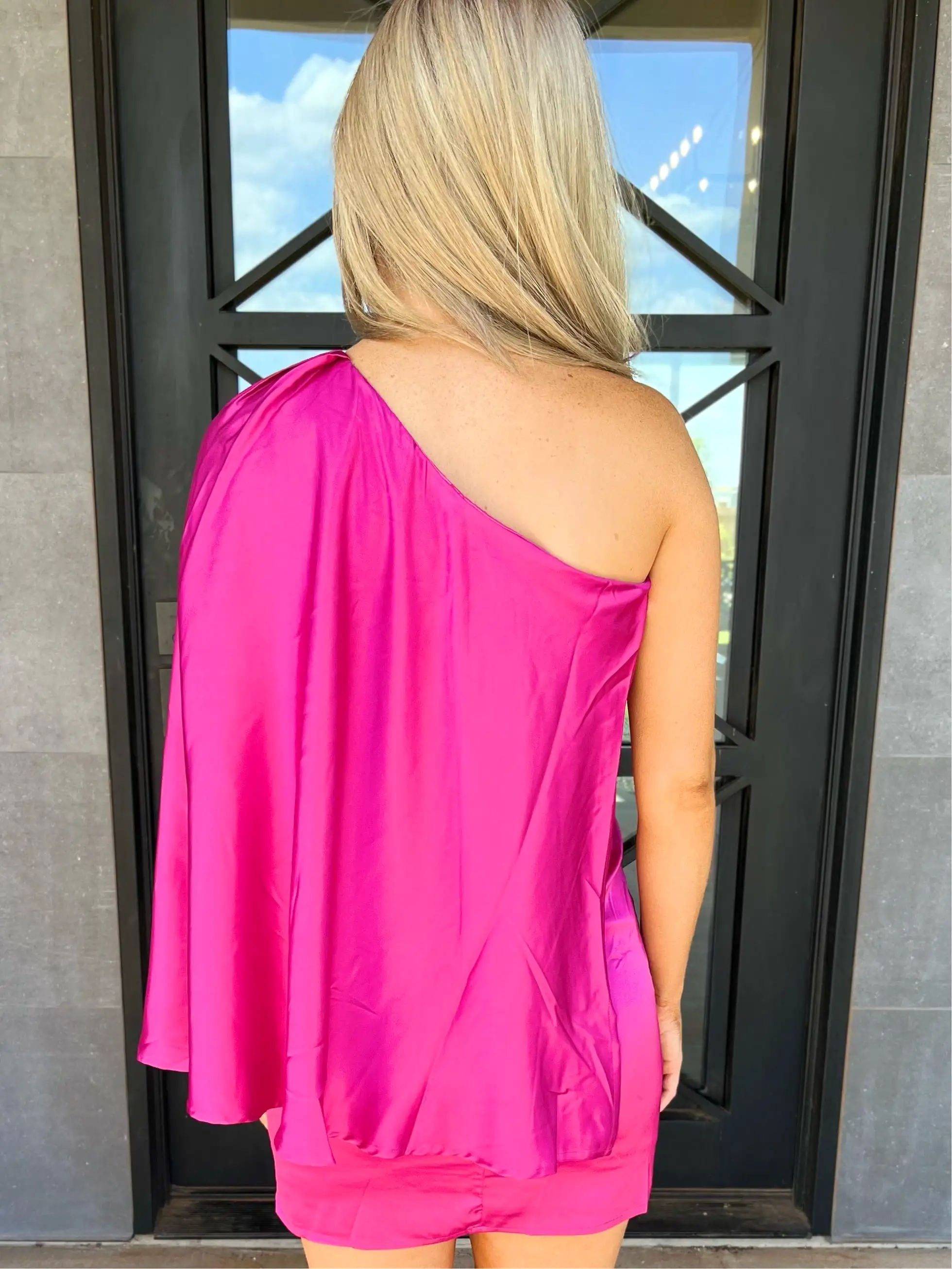 Satin Draped One Shoulder Dress - Magenta