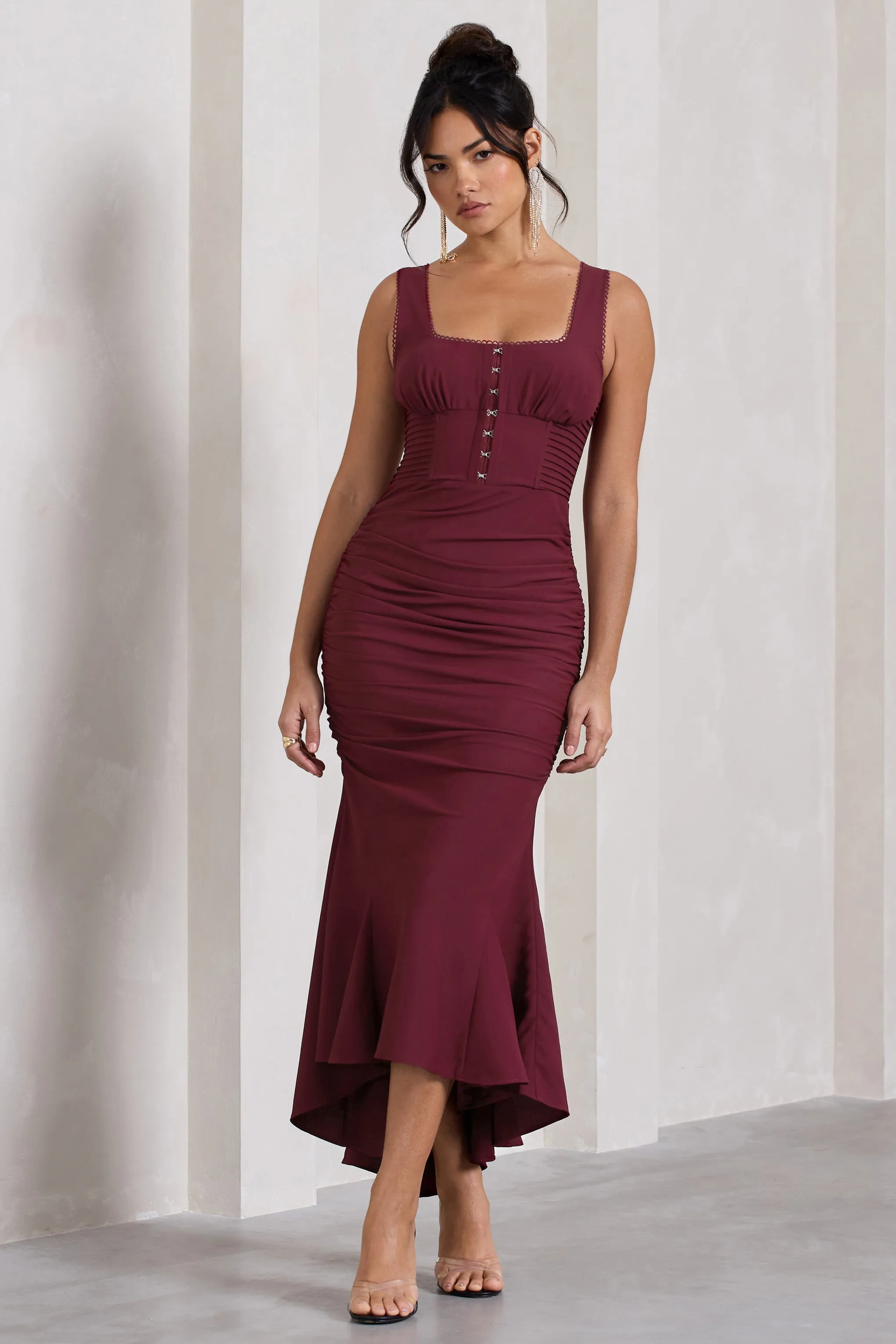 Savannah | Burgundy Square-Neck Corset Fishtail Maxi Dress