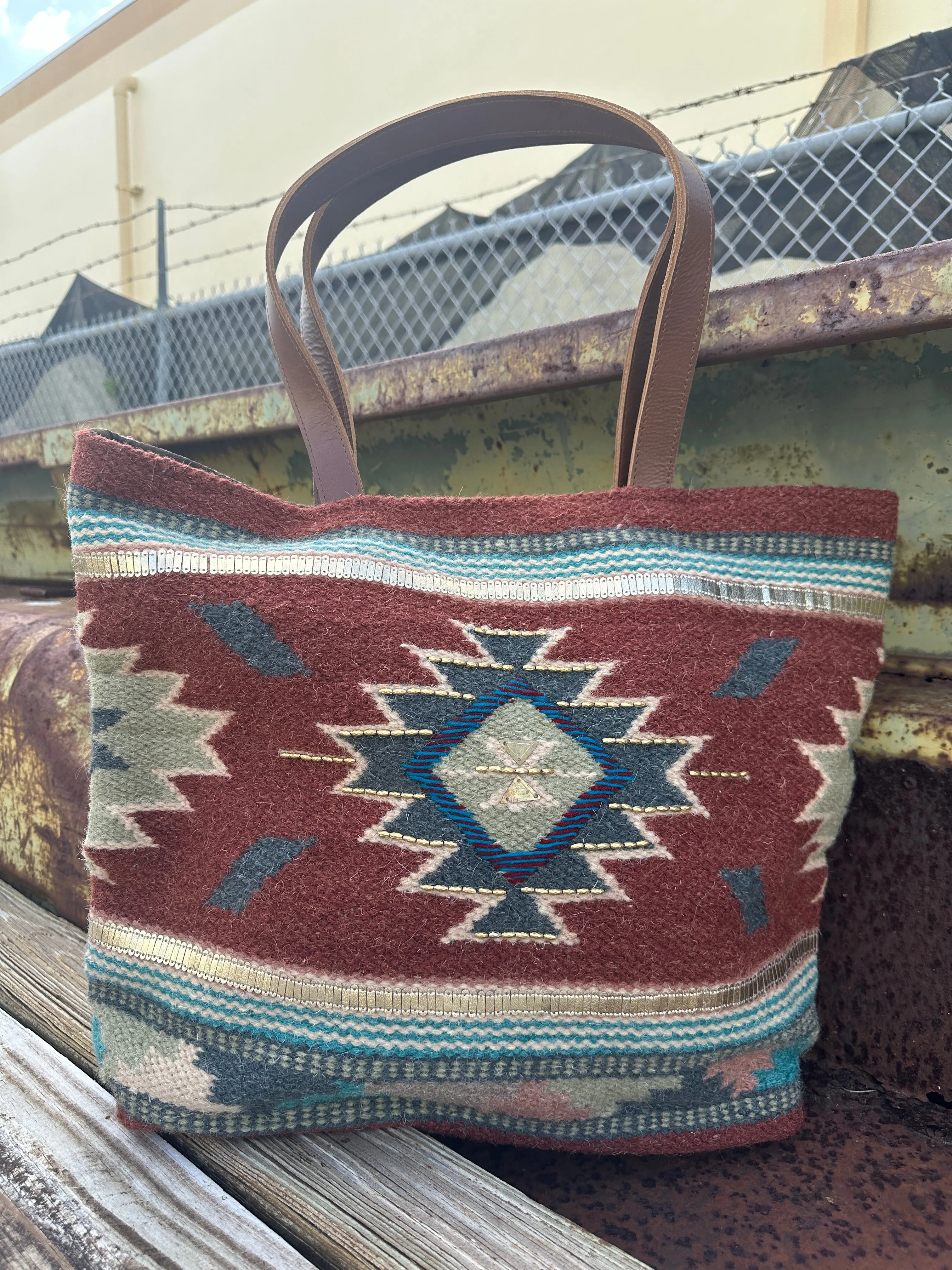 Shine On Aztec Print Woven Saddle Blanket Tote Bag Purse