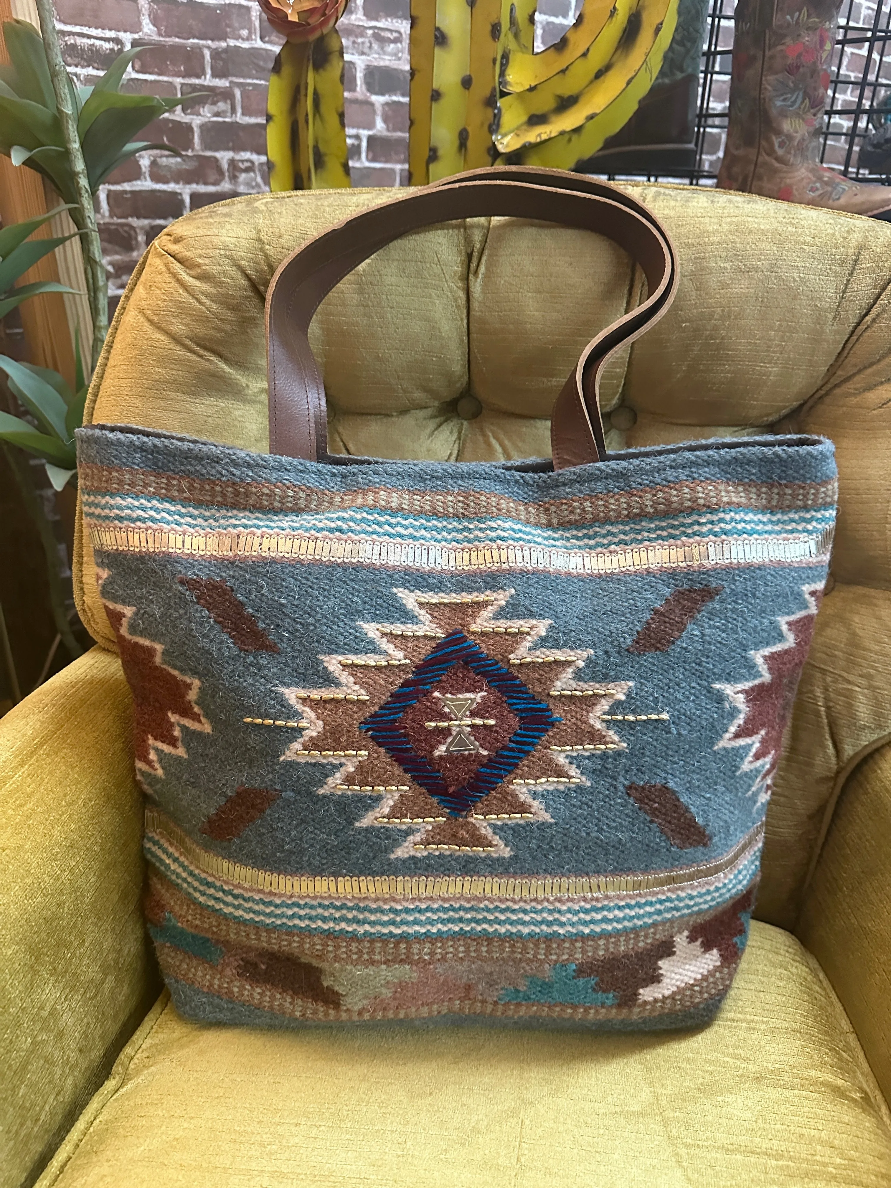 Shine On Aztec Print Woven Saddle Blanket Tote Bag Purse