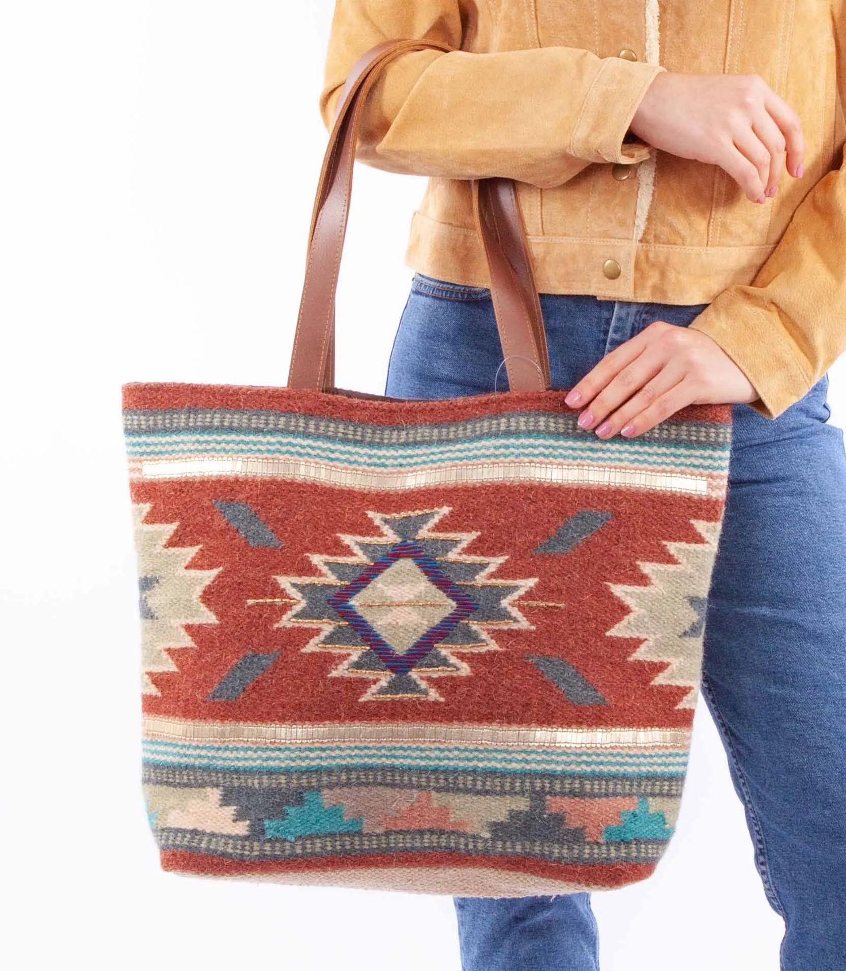 Shine On Aztec Print Woven Saddle Blanket Tote Bag Purse